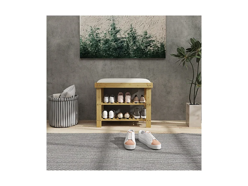 Banc d'entrée avec rangement pour chaussures, design élégant, bambou, blanc crème (60x29x49 cm)