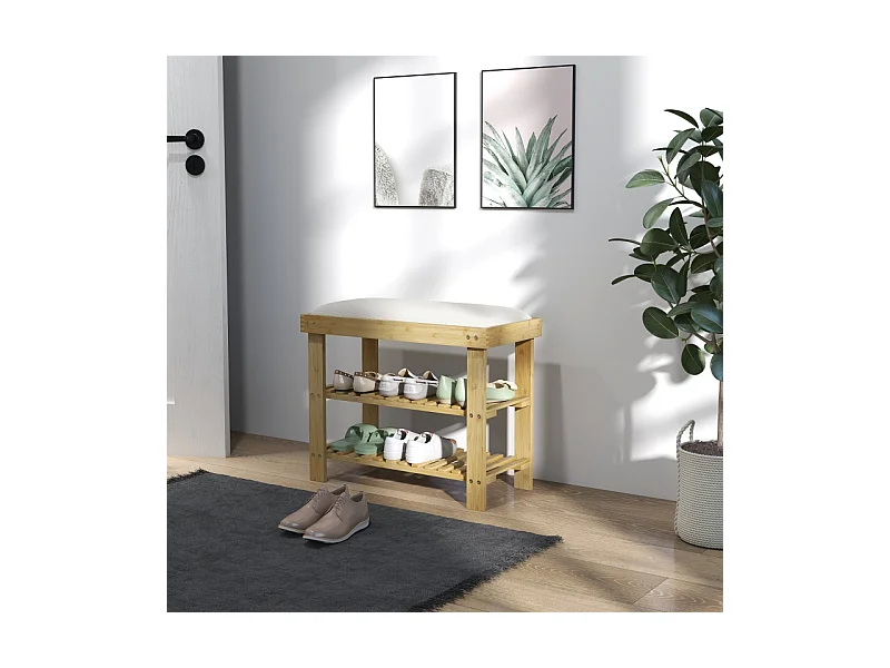 Banc d'entrée avec rangement pour chaussures, design élégant, bambou, blanc crème (60x29x49 cm)