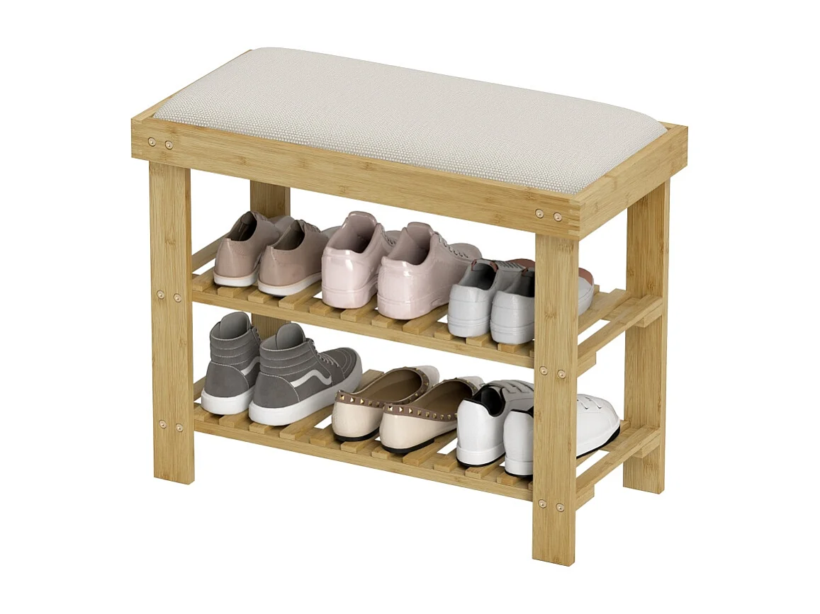 Banc d'entrée avec rangement pour chaussures, design élégant, bambou, blanc crème (60x29x49 cm)
