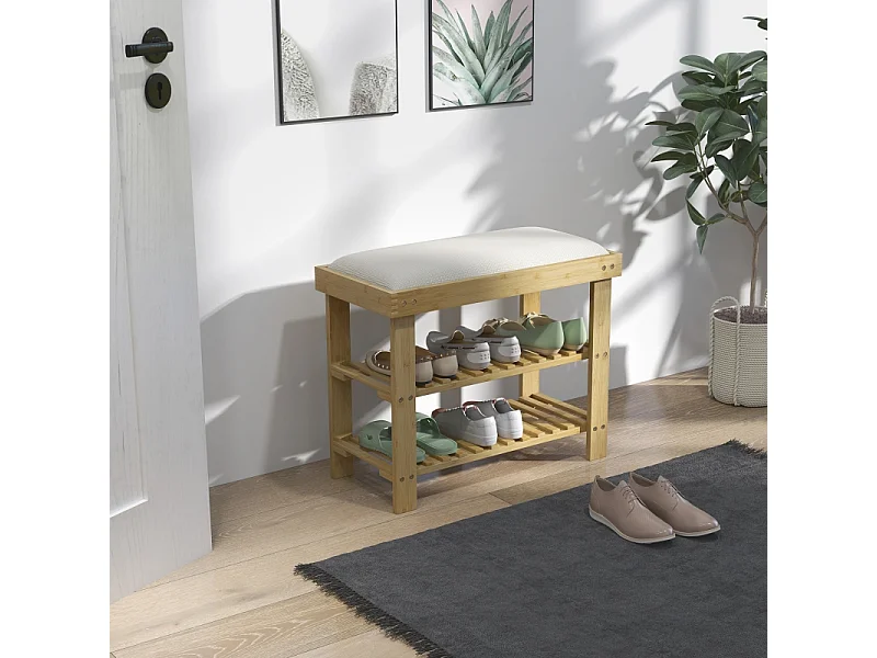 Banc d'entrée avec rangement pour chaussures, design élégant, bambou, blanc crème (60x29x49 cm)