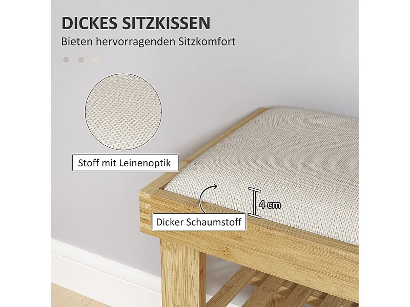 Banc d'entrée avec rangement pour chaussures, design élégant, bambou, blanc crème (60x29x49 cm)