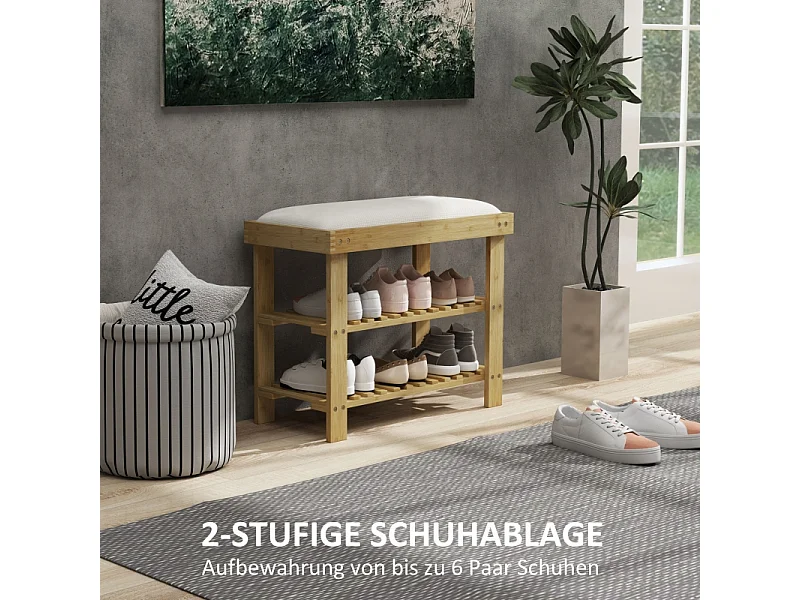 Banc d'entrée avec rangement pour chaussures, design élégant, bambou, blanc crème (60x29x49 cm)