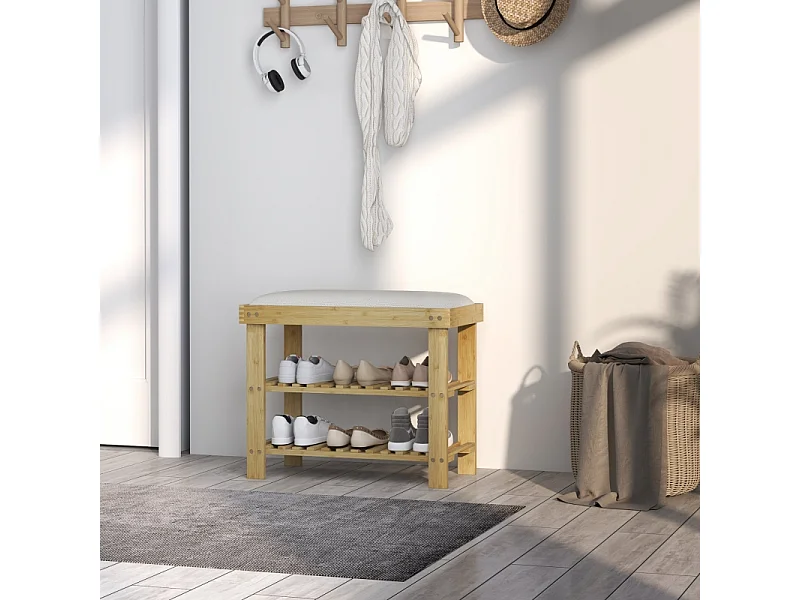 Banc d'entrée avec rangement pour chaussures, design élégant, bambou, blanc crème (60x29x49 cm)