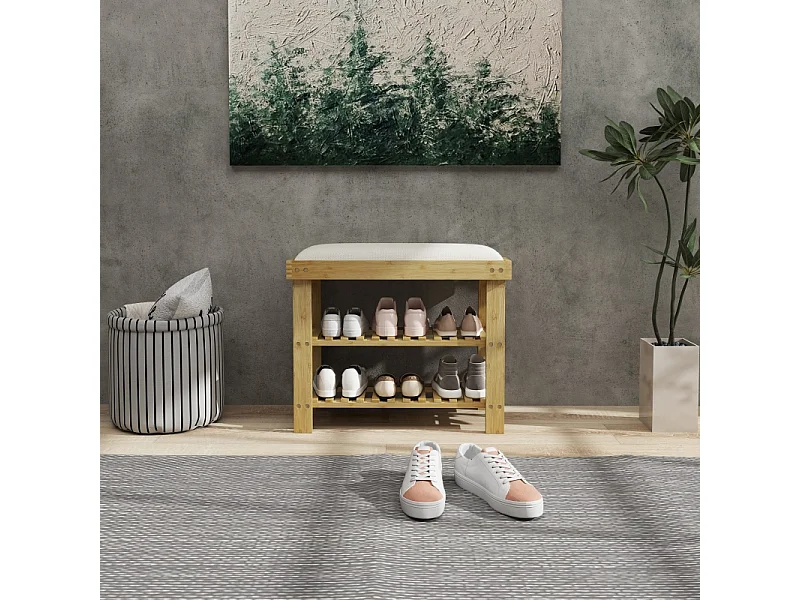 Banc d'entrée avec rangement pour chaussures, design élégant, bambou, blanc crème (60x29x49 cm)