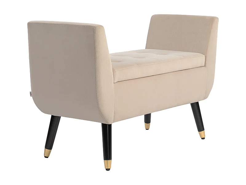 Banc de rangement avec assise rembourrée, design élégant, polyester velouté, beige, pieds en bois d'hévéa (107x42x65cm)