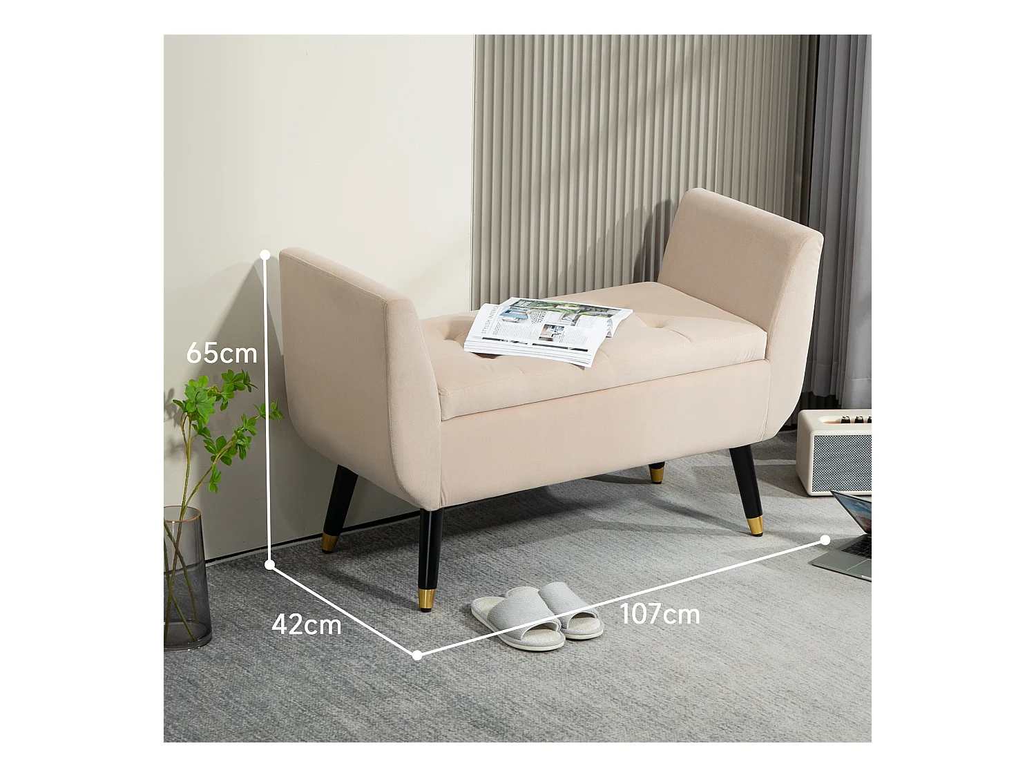 Banc de rangement avec assise rembourrée, design élégant, polyester velouté, beige, pieds en bois d'hévéa (107x42x65cm)