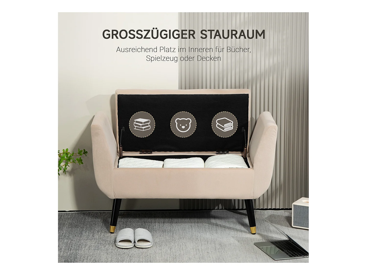 Banc de rangement avec assise rembourrée, design élégant, polyester velouté, beige, pieds en bois d'hévéa (107x42x65cm)