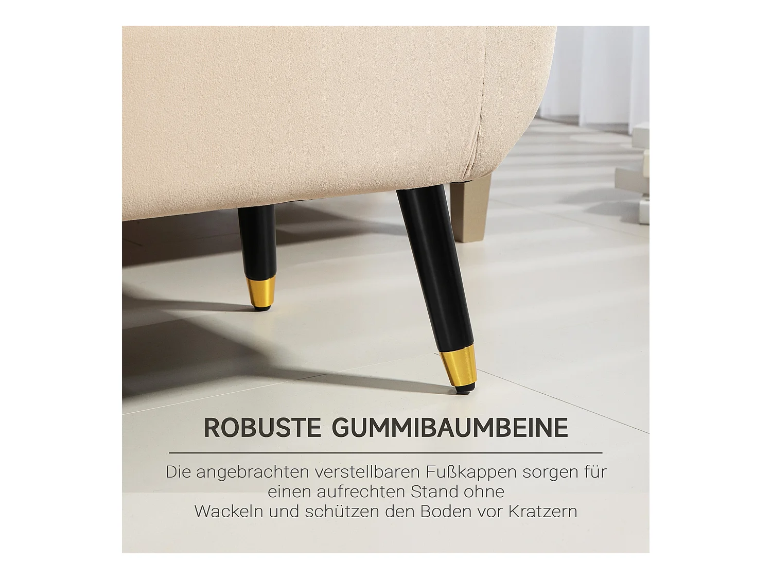 Banc de rangement avec assise rembourrée, design élégant, polyester velouté, beige, pieds en bois d'hévéa (107x42x65cm)