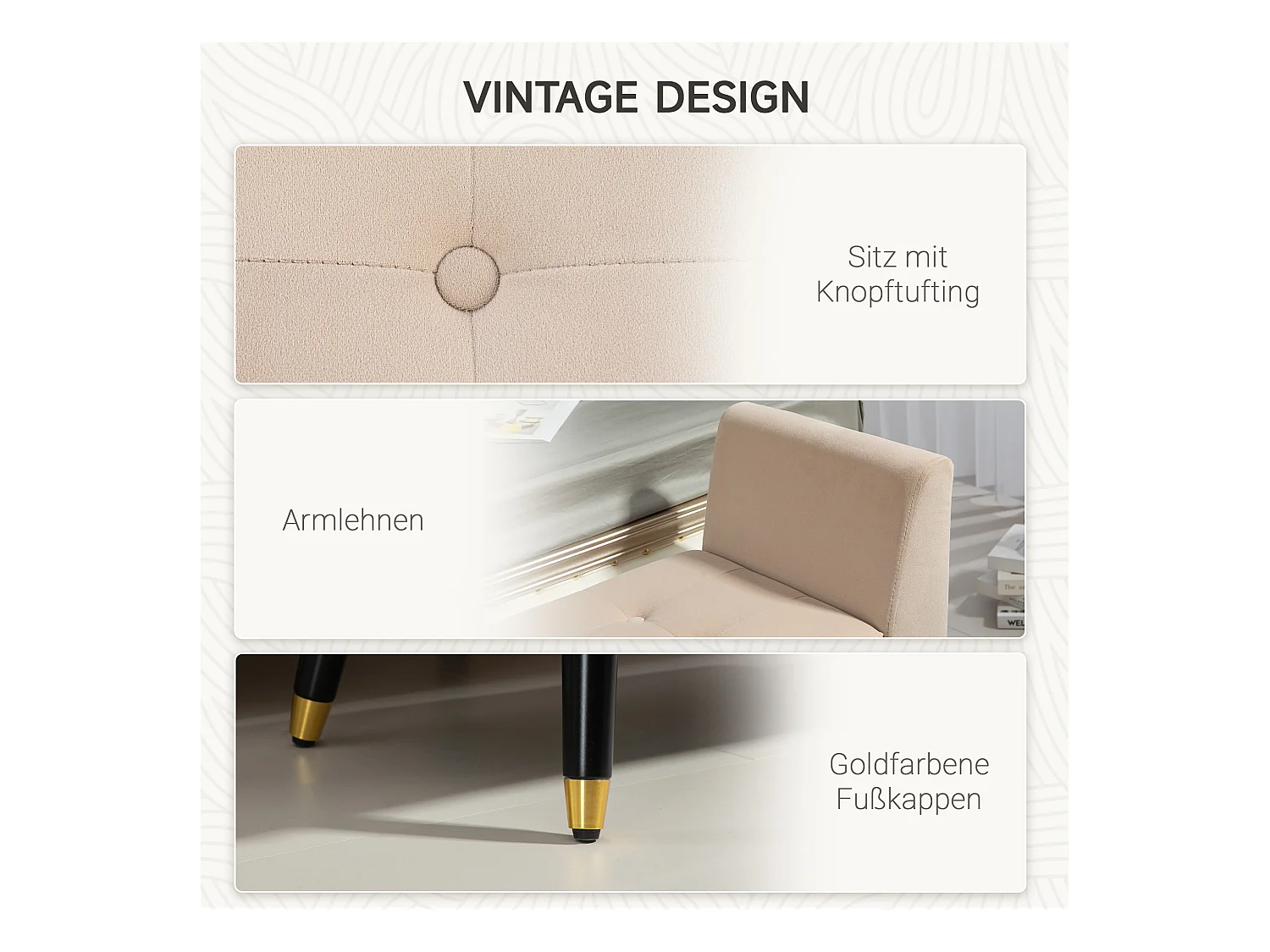 Banc de rangement avec assise rembourrée, design élégant, polyester velouté, beige, pieds en bois d'hévéa (107x42x65cm)