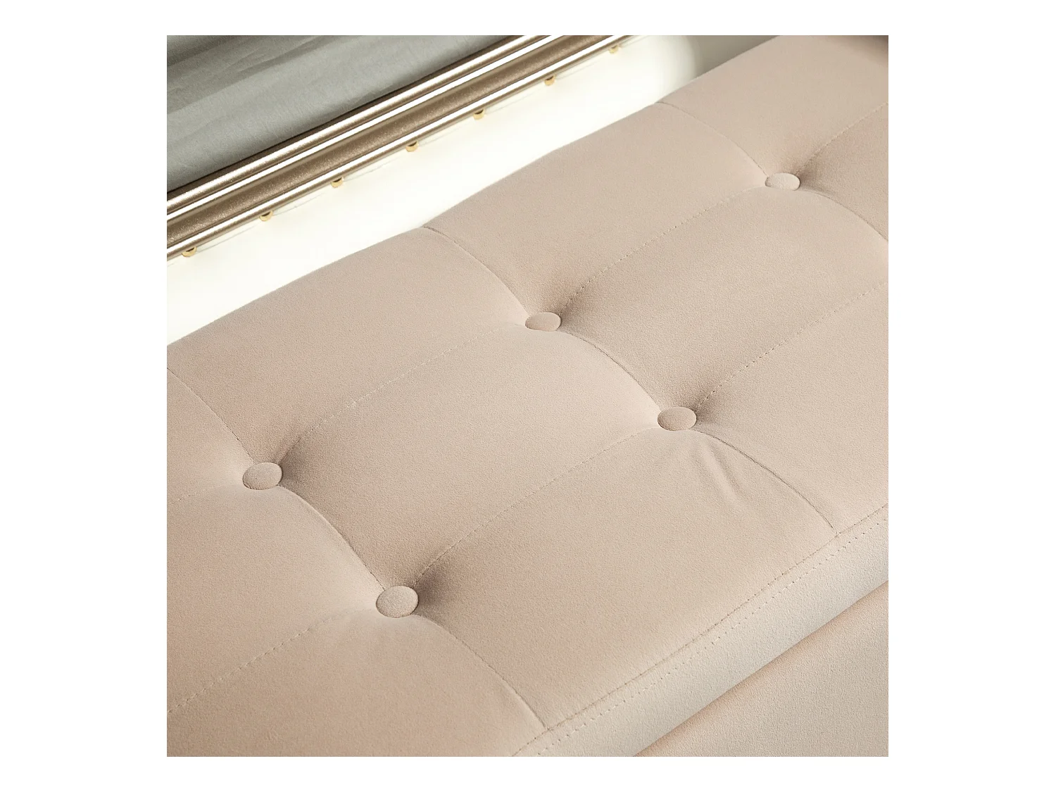 Banc de rangement avec assise rembourrée, design élégant, polyester velouté, beige, pieds en bois d'hévéa (107x42x65cm)