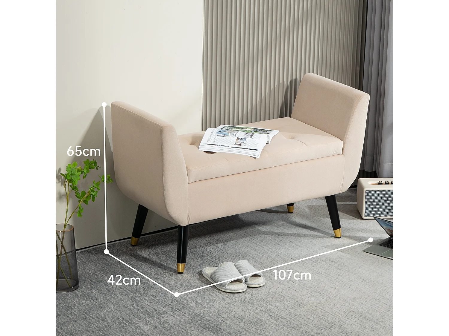 Banc de rangement avec assise rembourrée, design élégant, polyester velouté, beige, pieds en bois d'hévéa (107x42x65cm)