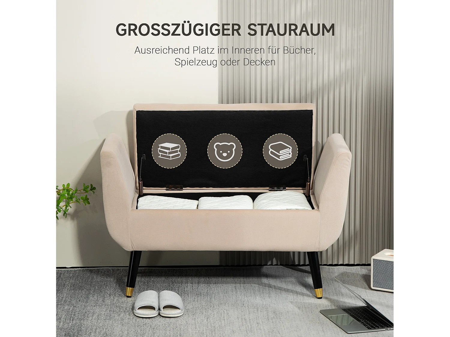 Banc de rangement avec assise rembourrée, design élégant, polyester velouté, beige, pieds en bois d'hévéa (107x42x65cm)