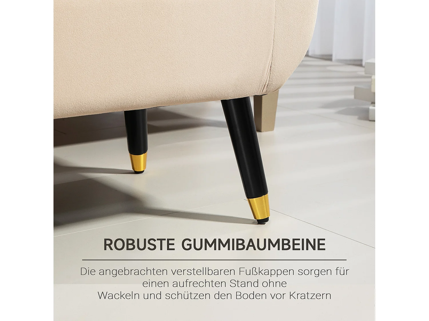 Banc de rangement avec assise rembourrée, design élégant, polyester velouté, beige, pieds en bois d'hévéa (107x42x65cm)