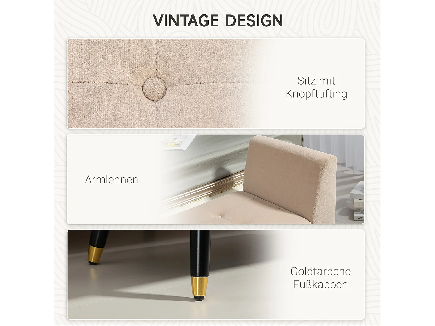 Banc de rangement avec assise rembourrée, design élégant, polyester velouté, beige, pieds en bois d'hévéa (107x42x65cm)