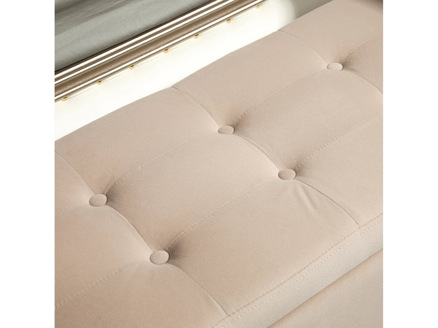 Banc de rangement avec assise rembourrée, design élégant, polyester velouté, beige, pieds en bois d'hévéa (107x42x65cm)