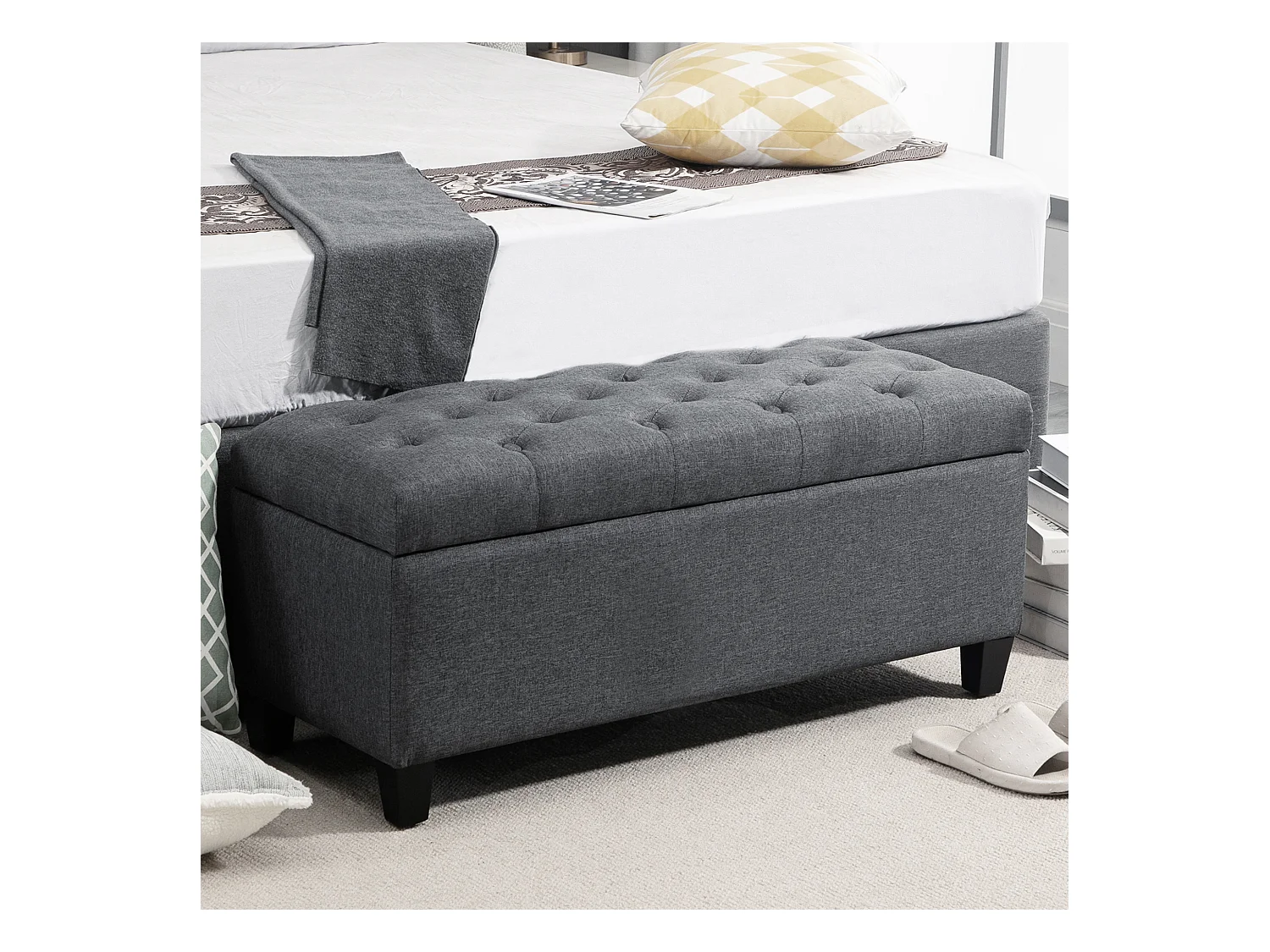 Banc de rangement avec assise rembourrée, design classique, polyester et bois d'hévéa, gris foncé (100x40x44cm)