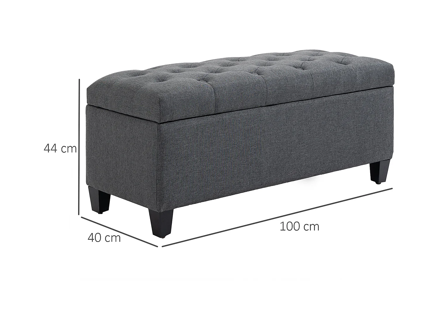 Banc de rangement avec assise rembourrée, design classique, polyester et bois d'hévéa, gris foncé (100x40x44cm)