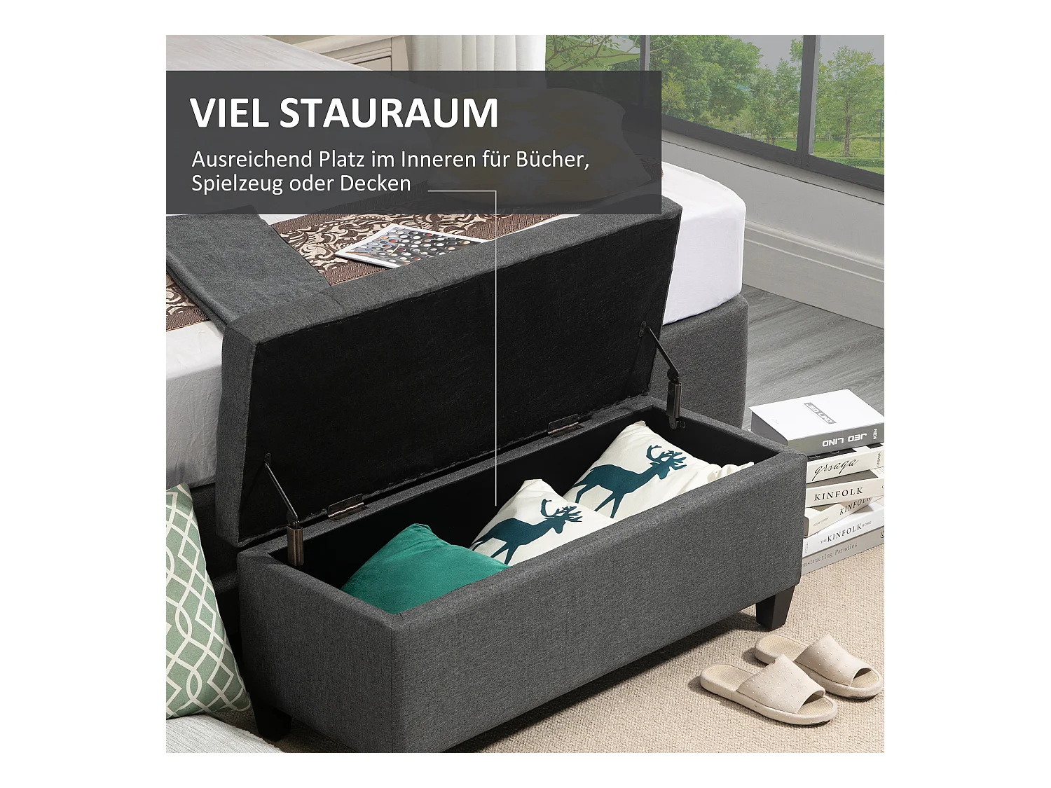 Banc de rangement avec assise rembourrée, design classique, polyester et bois d'hévéa, gris foncé (100x40x44cm)