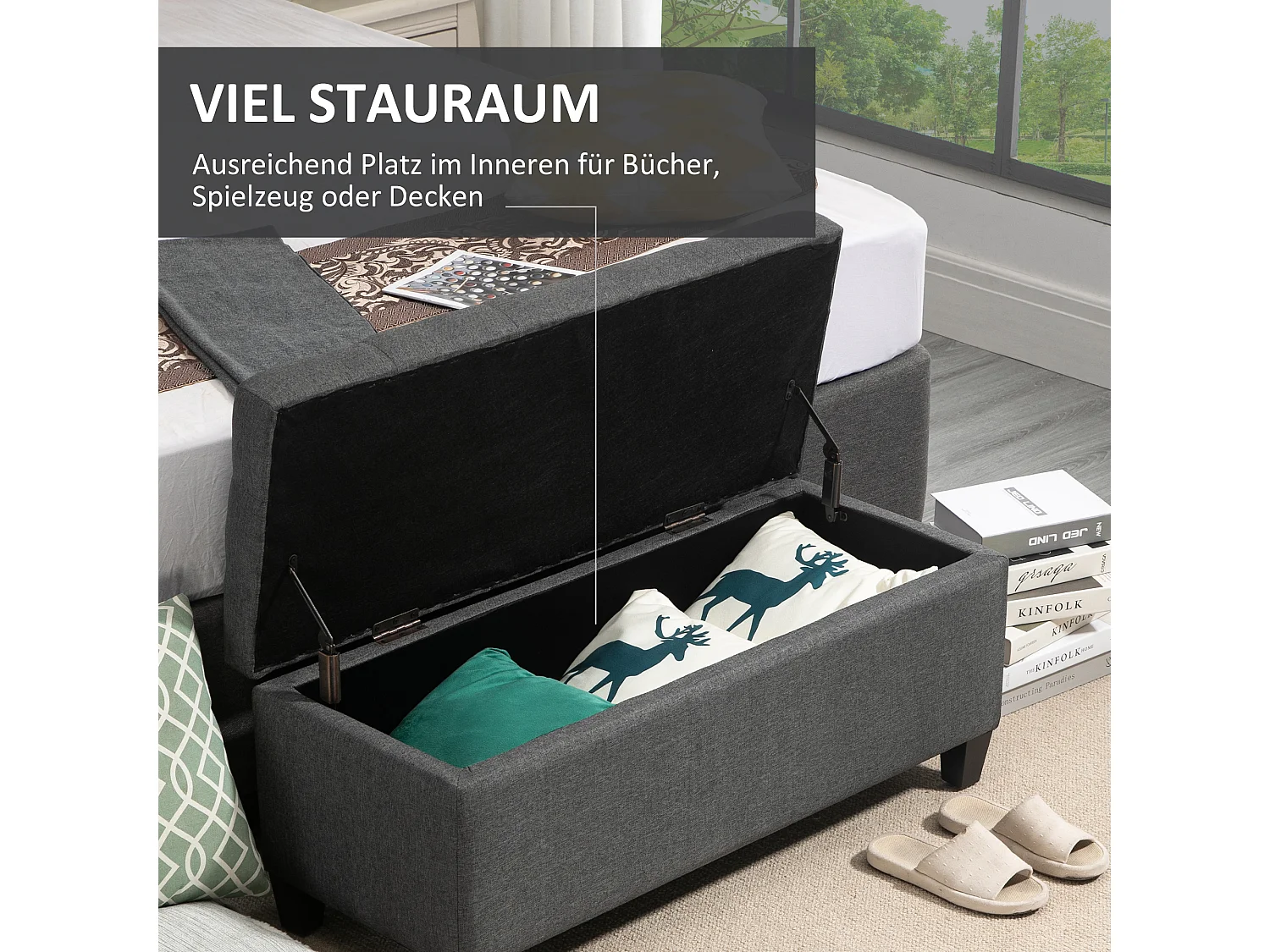 Panca contenitore con seduta imbottita, design classico, poliestere e legno di hevea, grigio scuro (100x40x44cm)