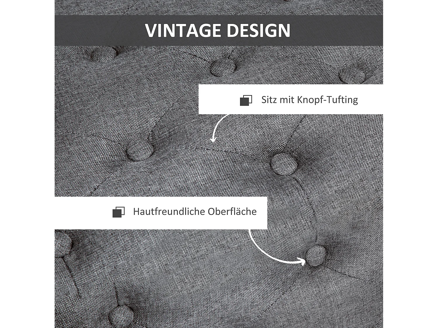 Panca contenitore con seduta imbottita, design classico, poliestere e legno di hevea, grigio scuro (100x40x44cm)