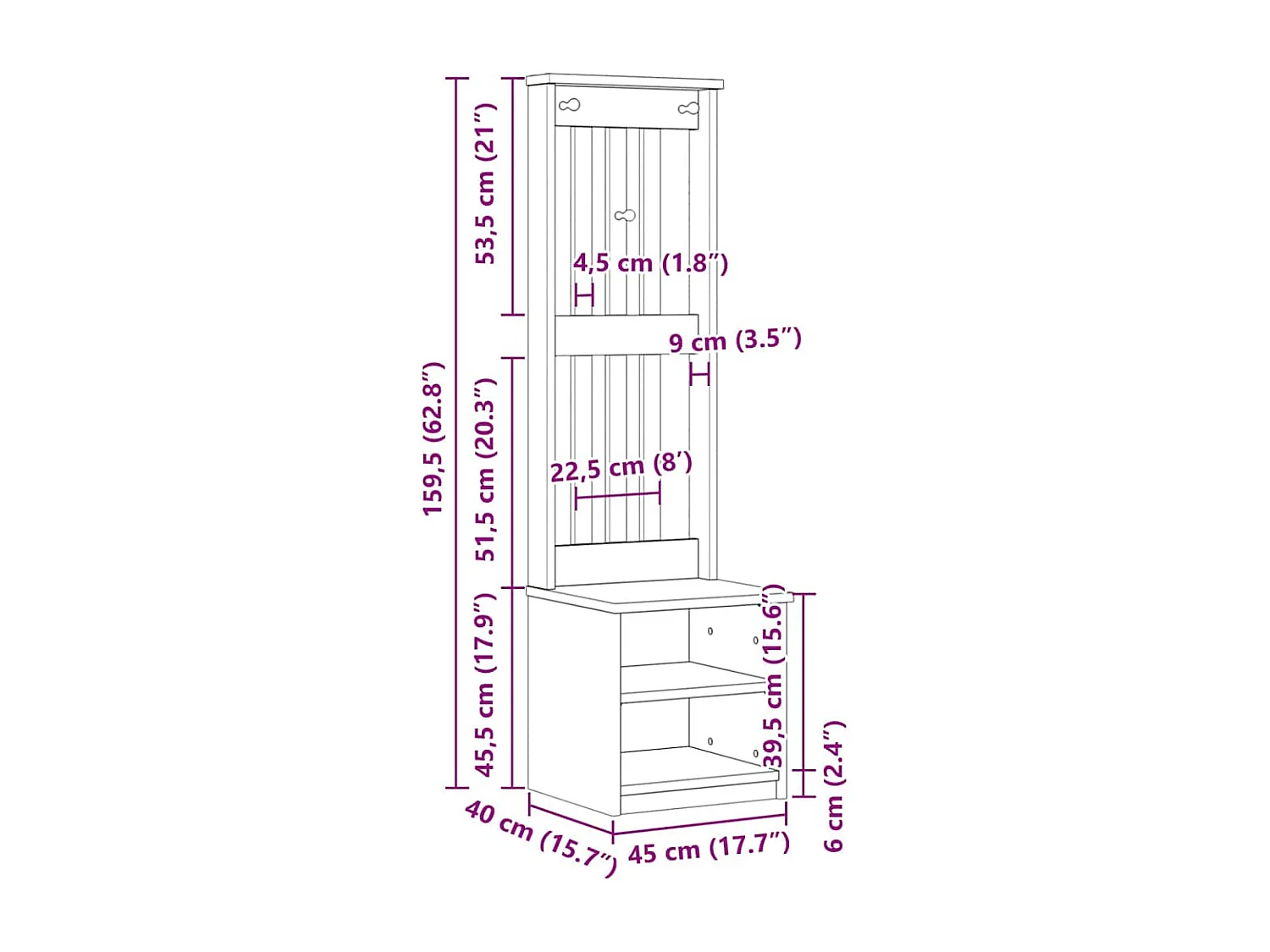 Portemanteau SANDNES 45x40x159,5 cm bois massif pin