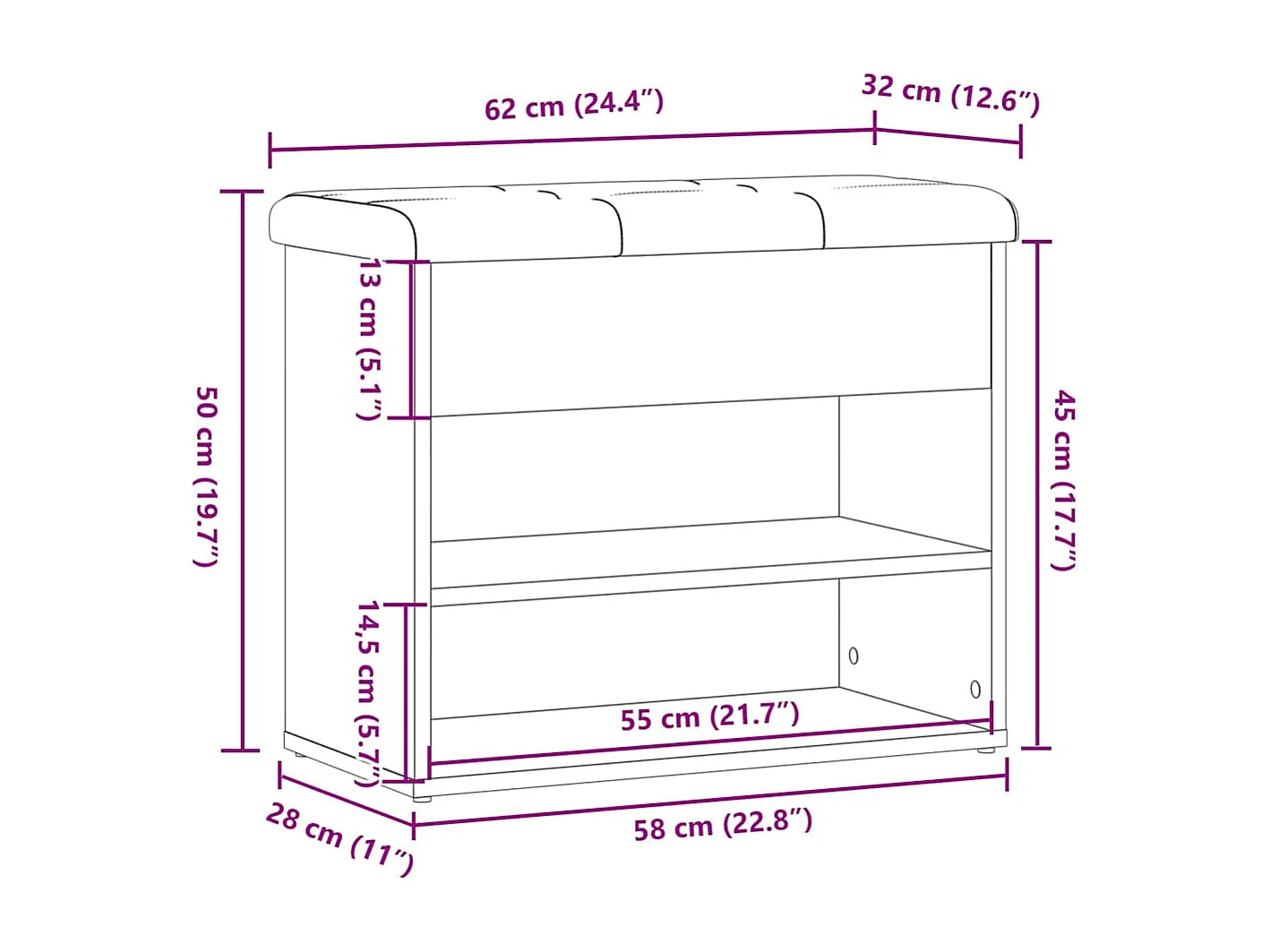 Banc à chaussures vieux bois 62x32x50 cm bois d'ingénierie