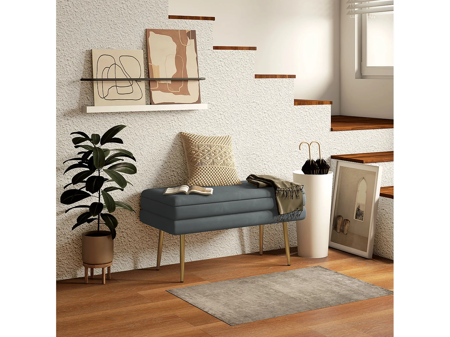 Banc de siège rembourré avec rangement, velours, acier doré, gris foncé (79.5x37.5x43cm)