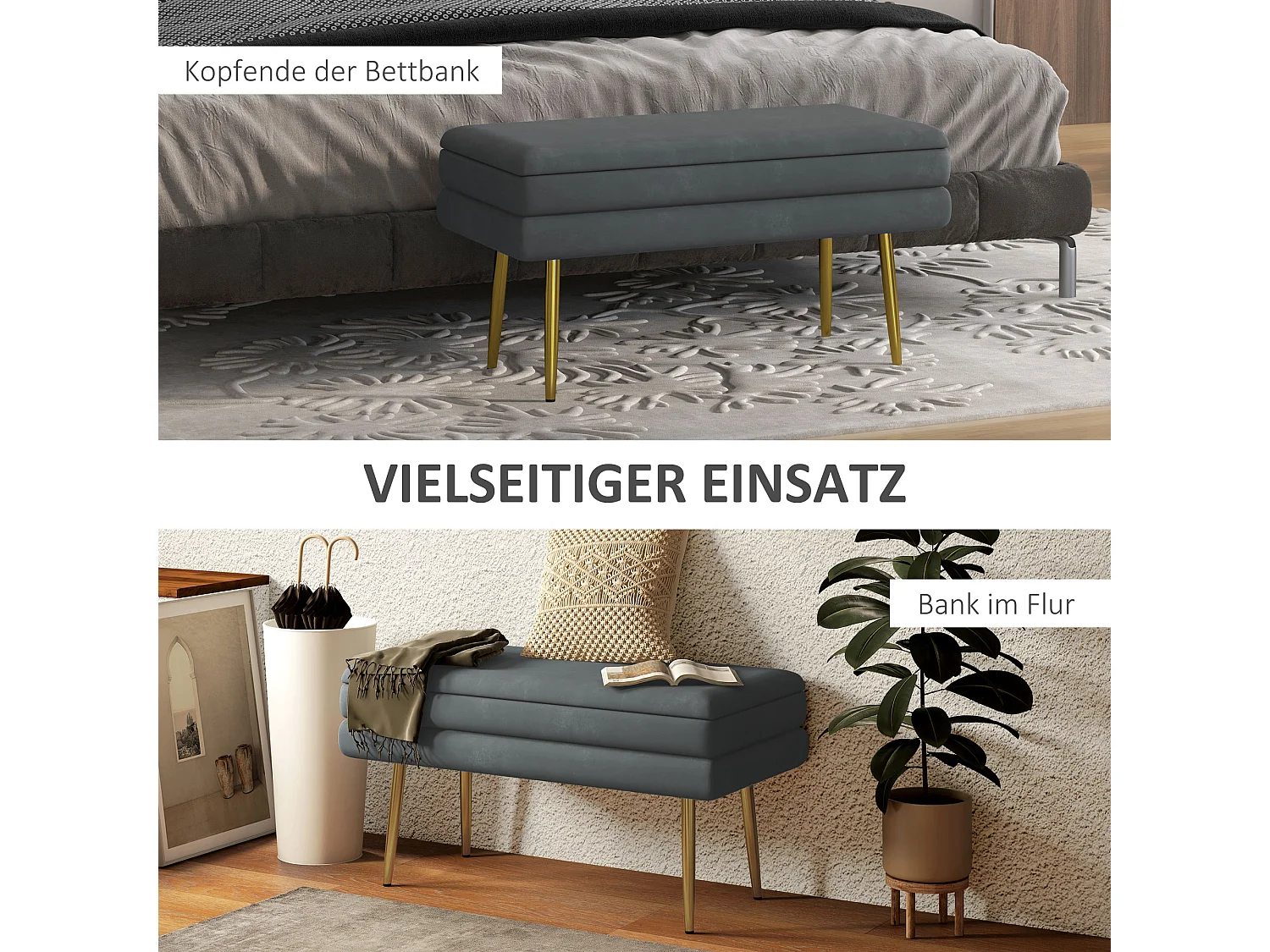 Banc de siège rembourré avec rangement, velours, acier doré, gris foncé (79.5x37.5x43cm)