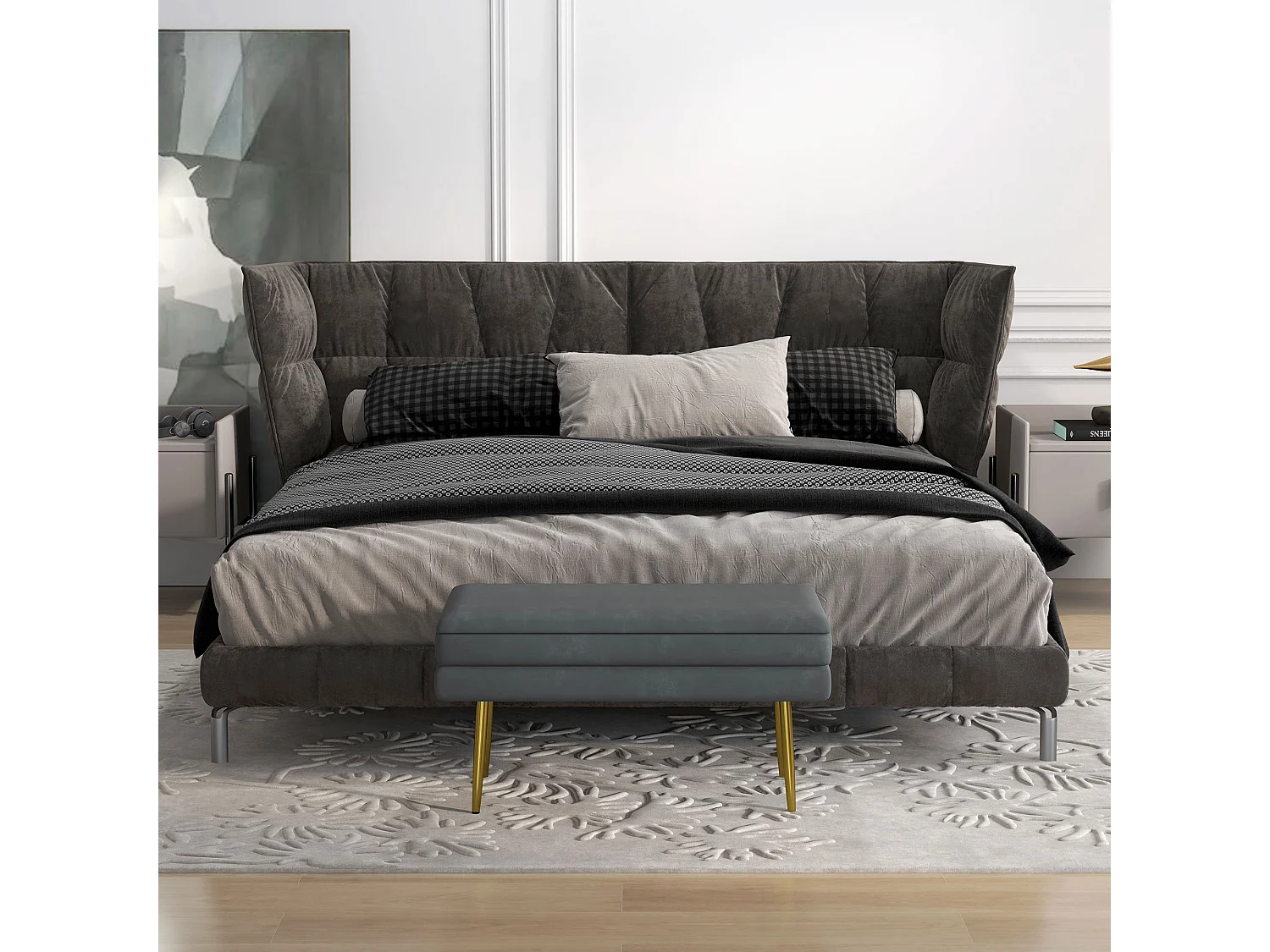 Banc de siège rembourré avec rangement, velours, acier doré, gris foncé (79.5x37.5x43cm)