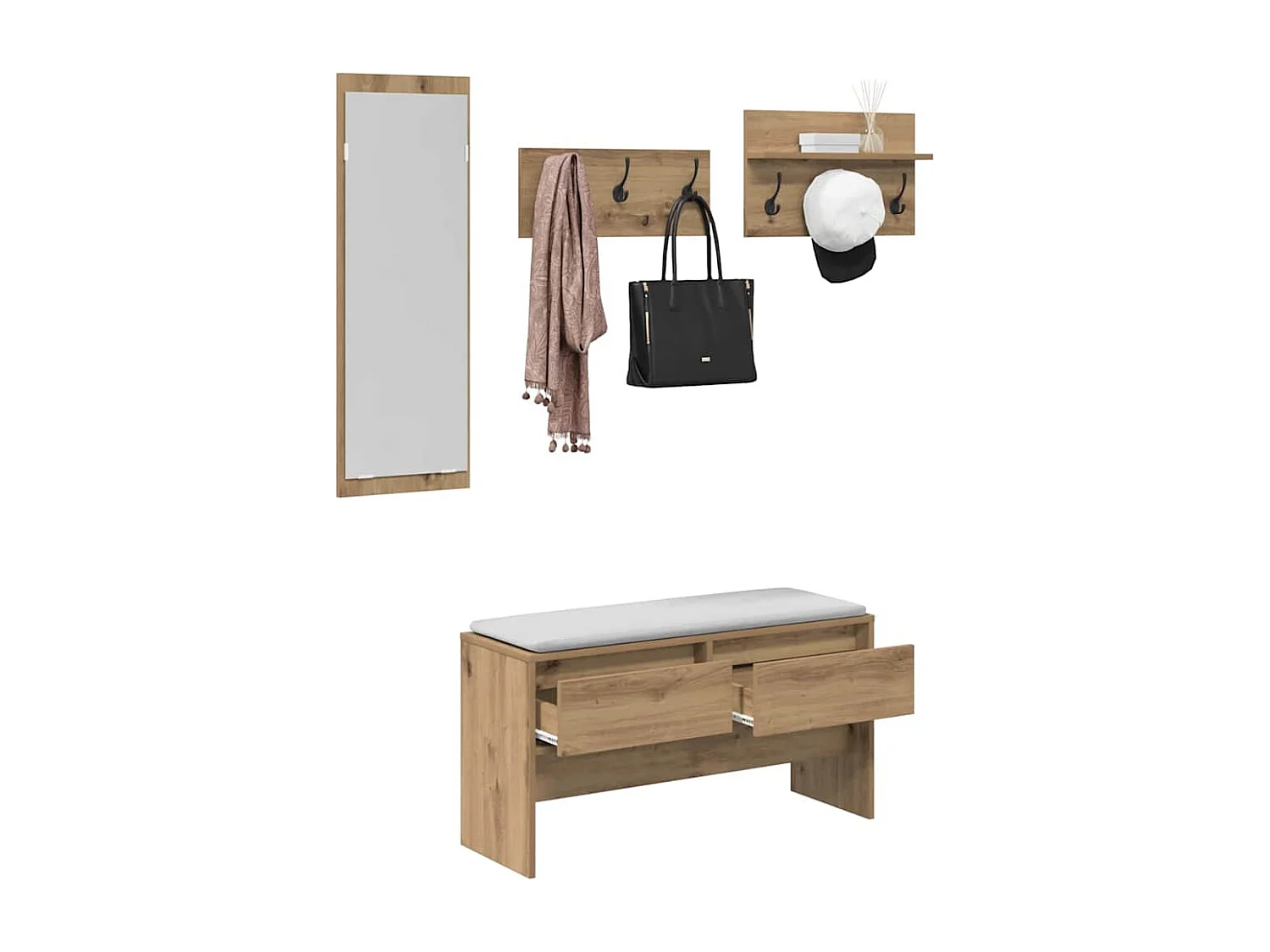 Set de meubles de couloir 4 pièces en bois d'artisan chêne