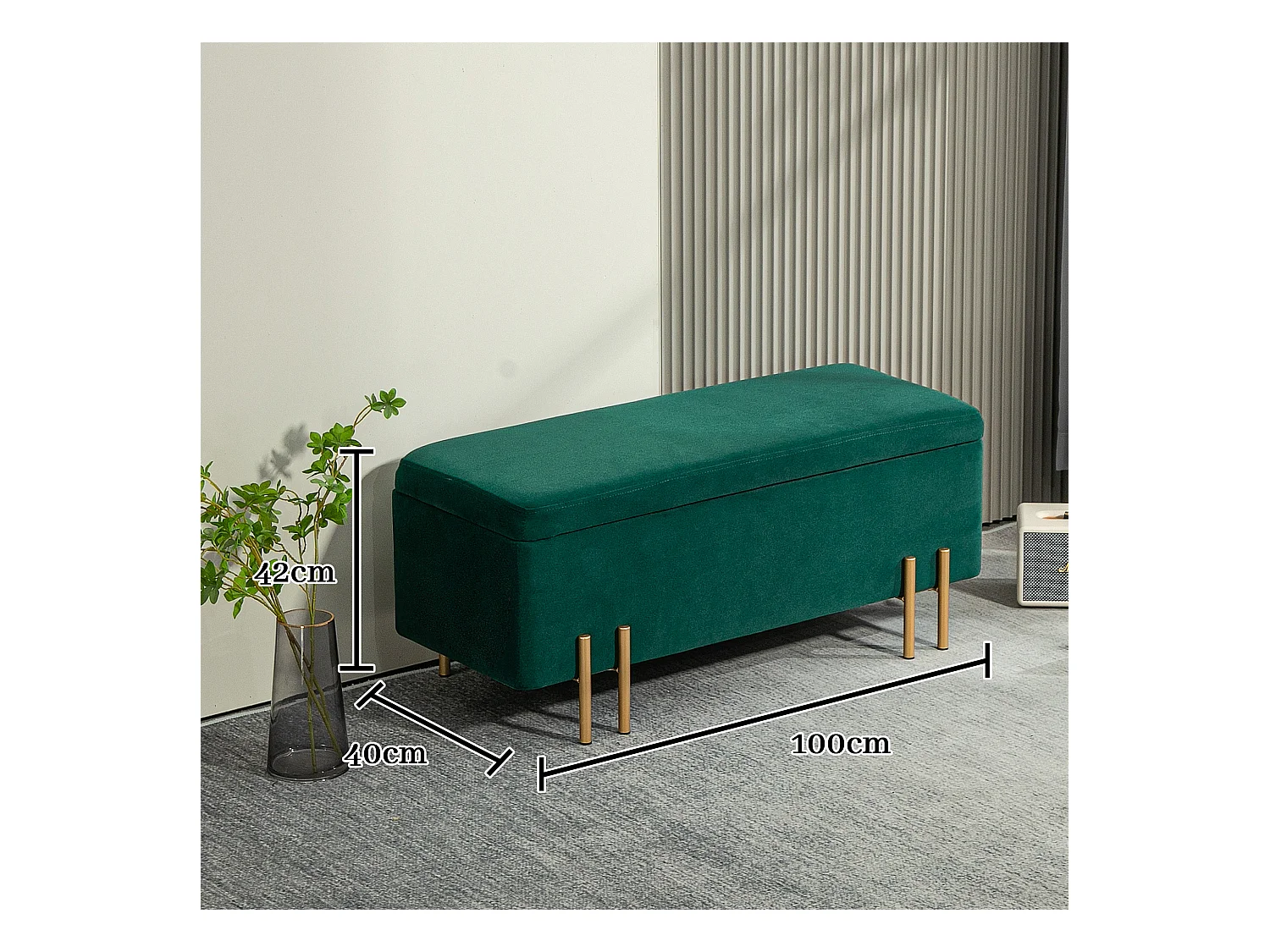 Banc de rangement rembourré, design moderne, polyester et métal, vert, avec coffre intégré (100x40x42cm)