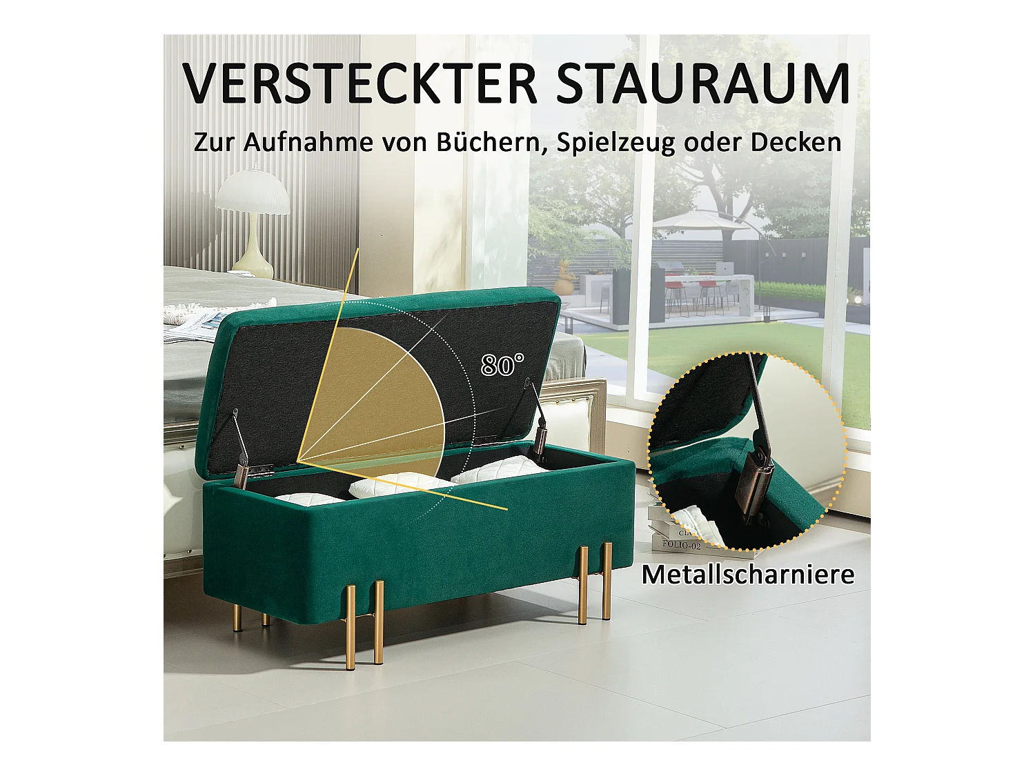 Banc de rangement rembourré, design moderne, polyester et métal, vert, avec coffre intégré (100x40x42cm)