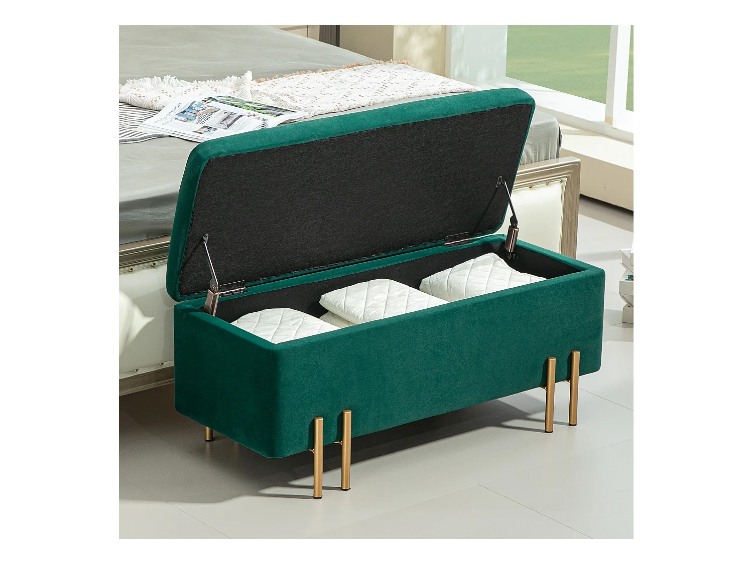 Banc de rangement rembourré, design moderne, polyester et métal, vert, avec coffre intégré (100x40x42cm)
