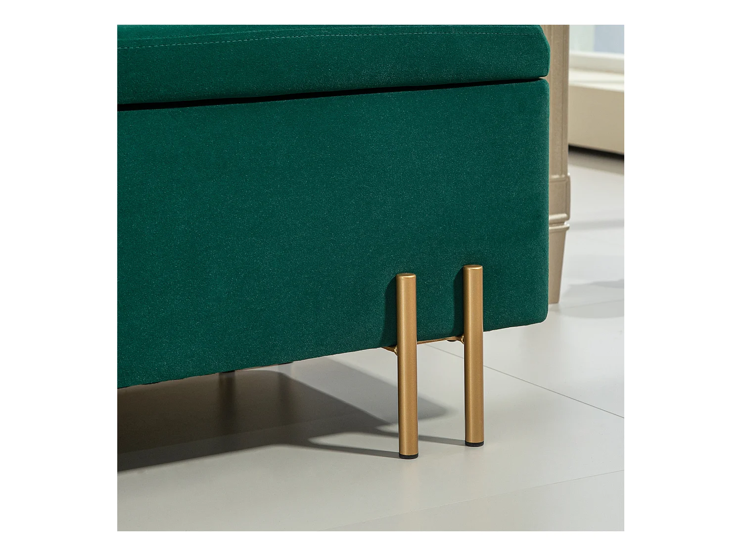 Banc de rangement rembourré, design moderne, polyester et métal, vert, avec coffre intégré (100x40x42cm)