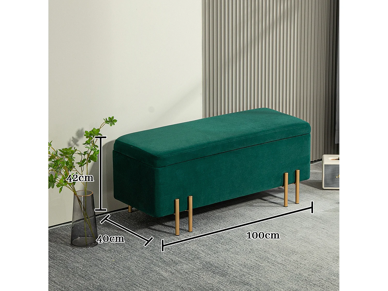 Banc de rangement rembourré, design moderne, polyester et métal, vert, avec coffre intégré (100x40x42cm)