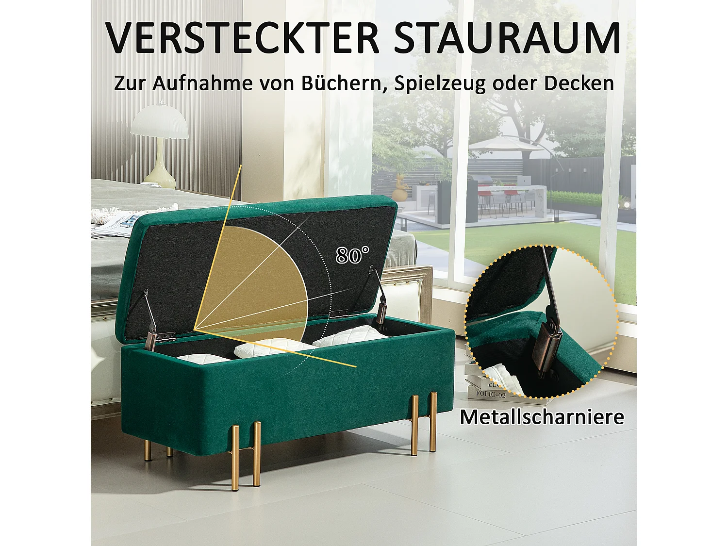 Banc de rangement rembourré, design moderne, polyester et métal, vert, avec coffre intégré (100x40x42cm)