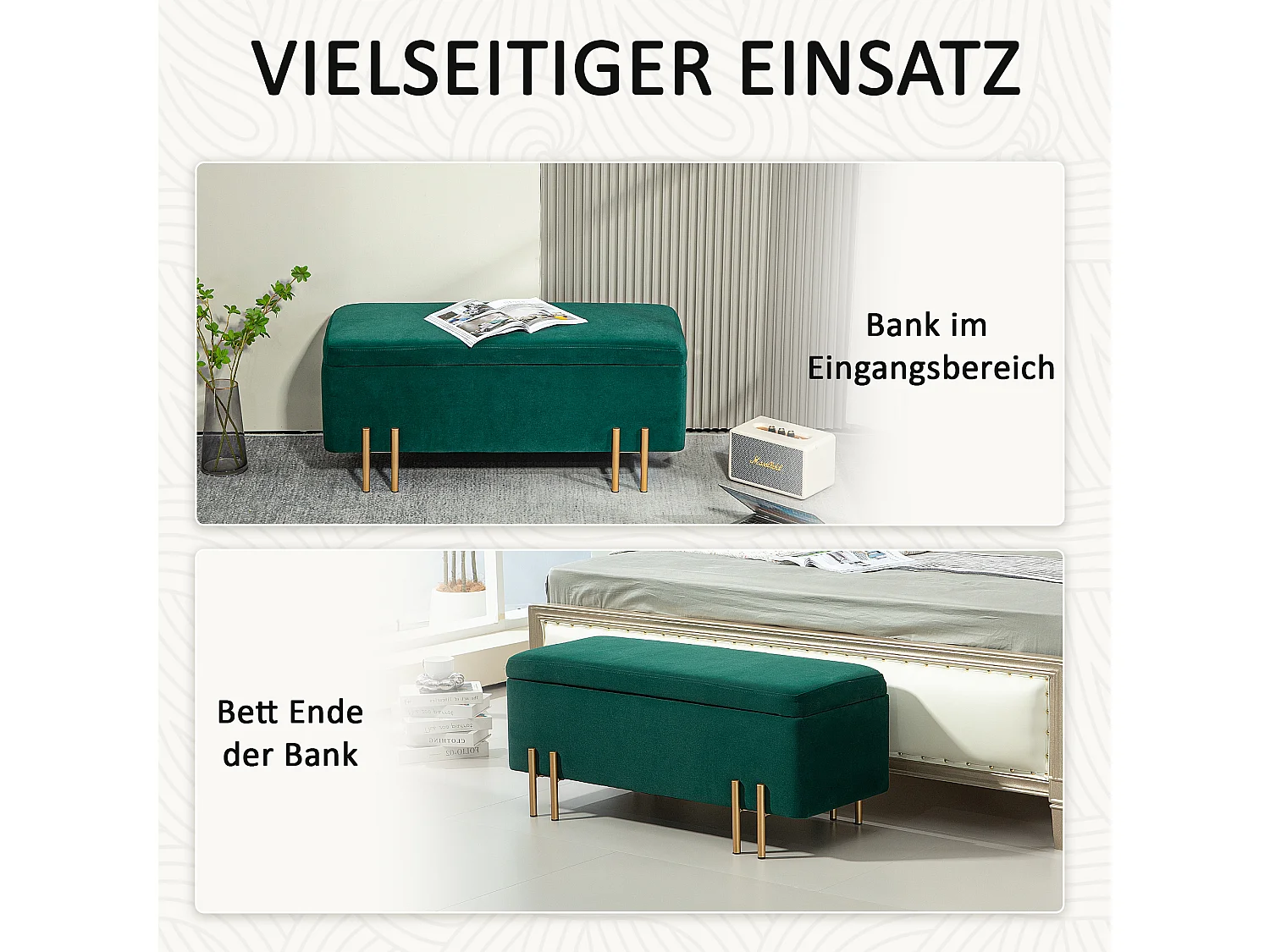 Banc de rangement rembourré, design moderne, polyester et métal, vert, avec coffre intégré (100x40x42cm)