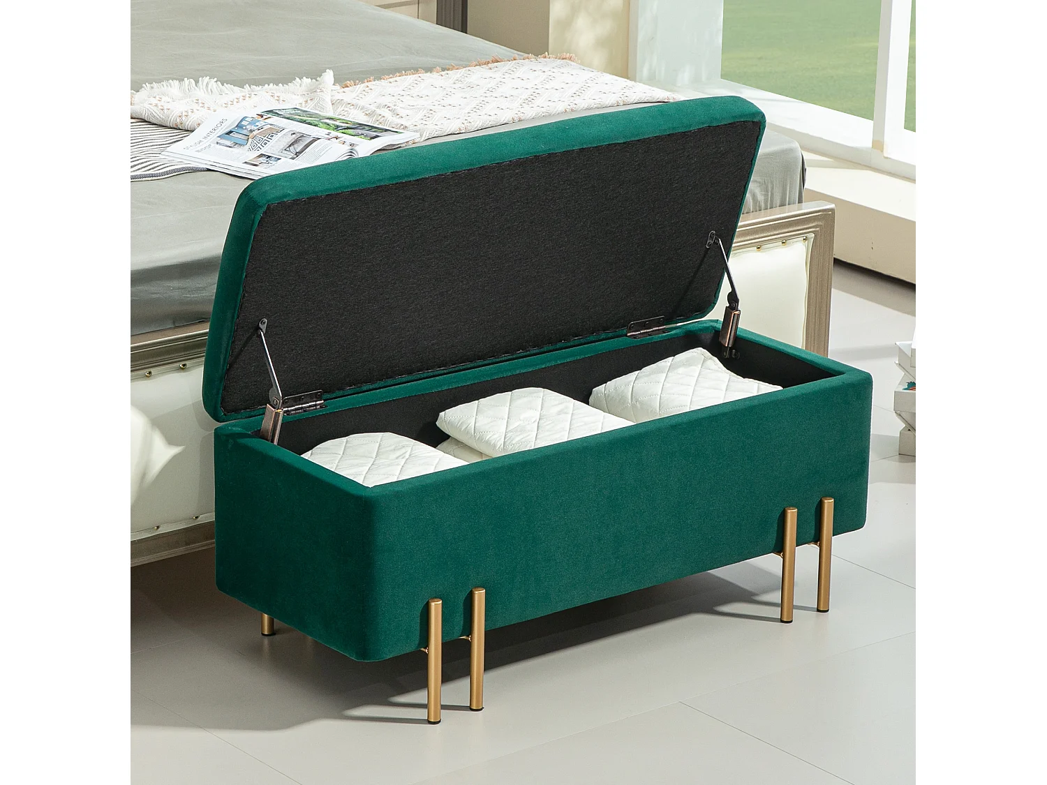 Banc de rangement rembourré, design moderne, polyester et métal, vert, avec coffre intégré (100x40x42cm)