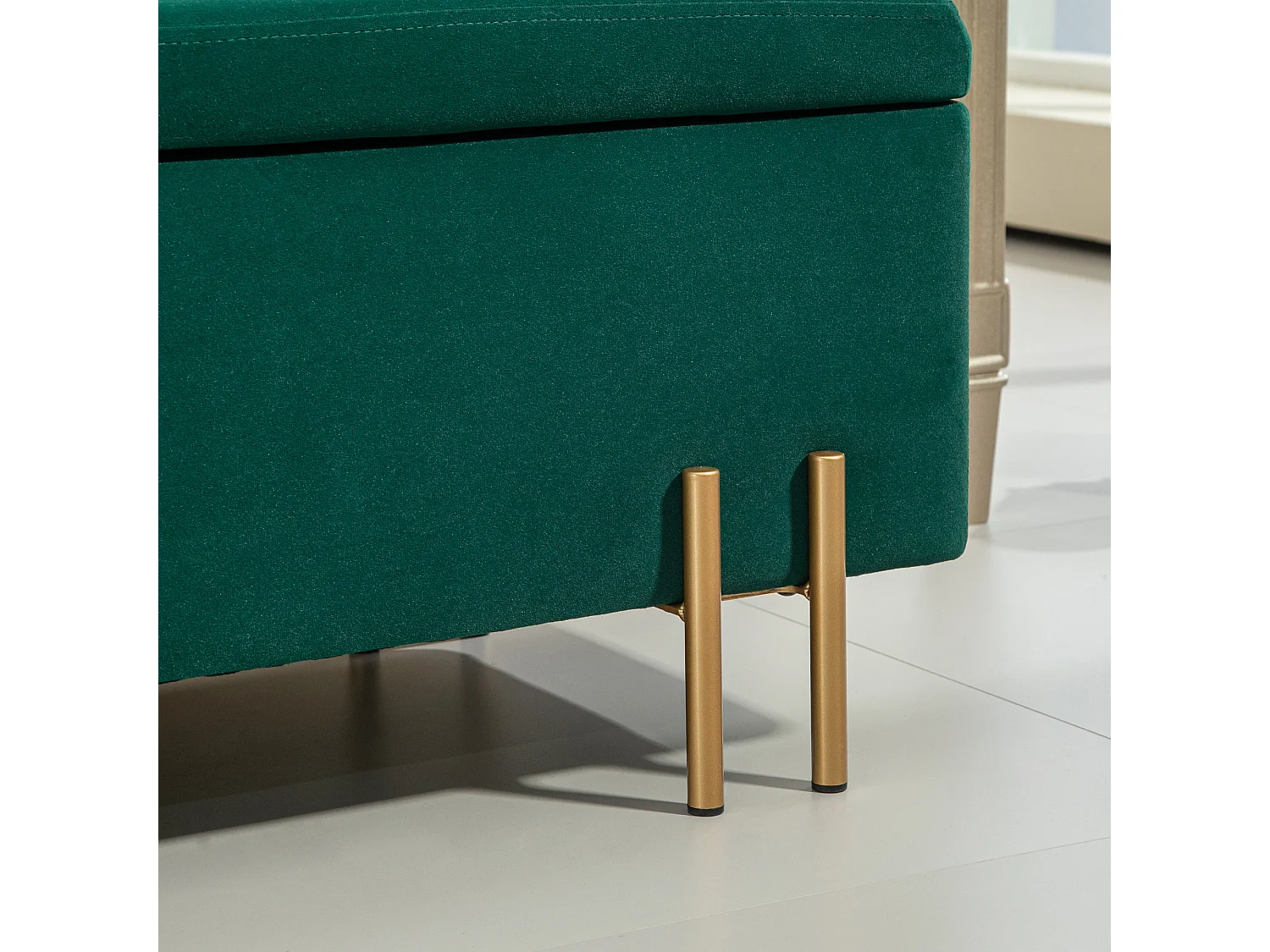 Banc de rangement rembourré, design moderne, polyester et métal, vert, avec coffre intégré (100x40x42cm)