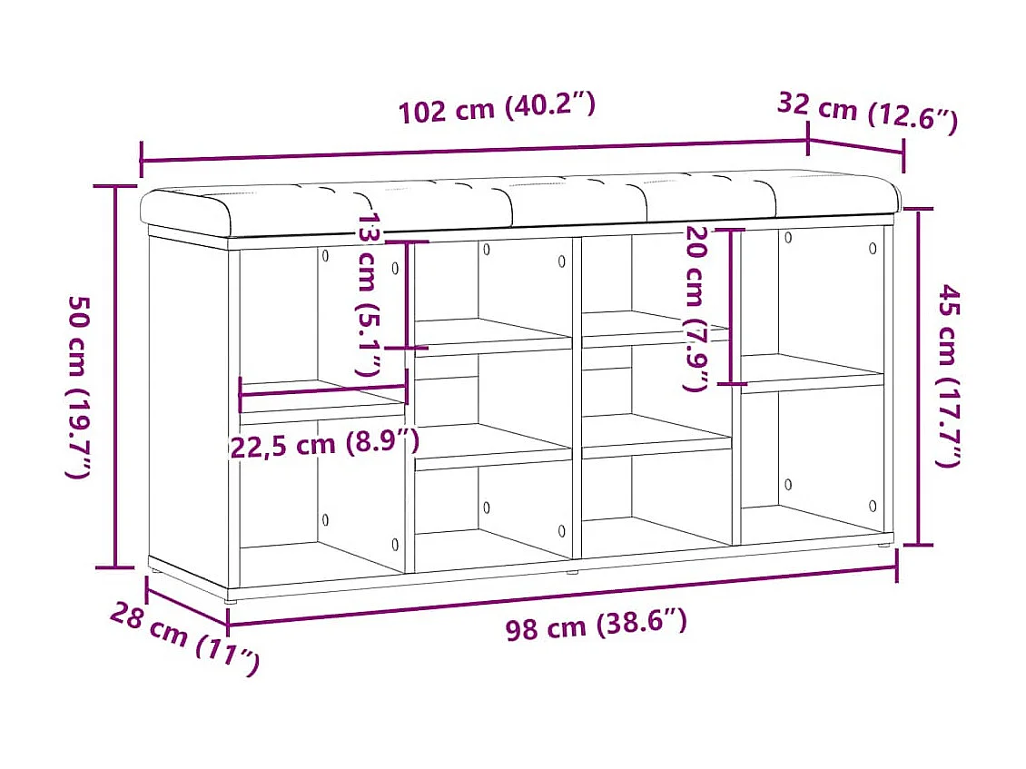 Banc à chaussures vieux bois 102x32x50 cm bois d'ingénierie
