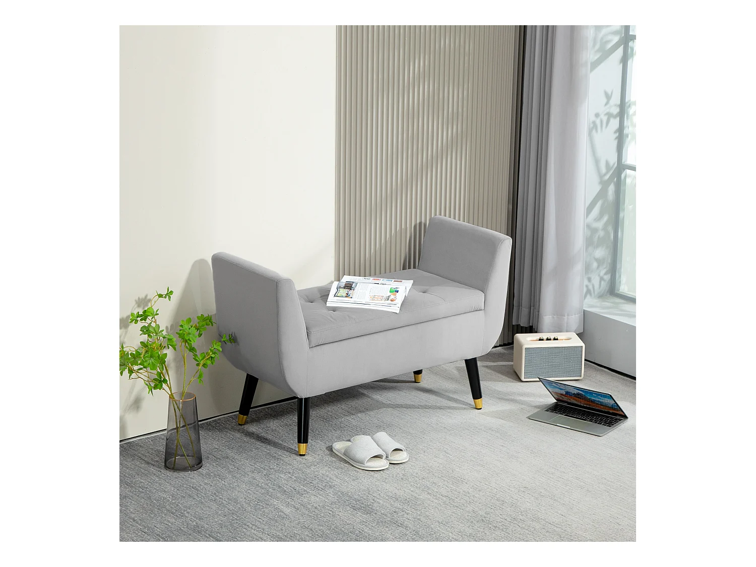 Banc de rangement avec accoudoirs, design luxueux, polyester velouté, gris clair (107x42x65 cm)