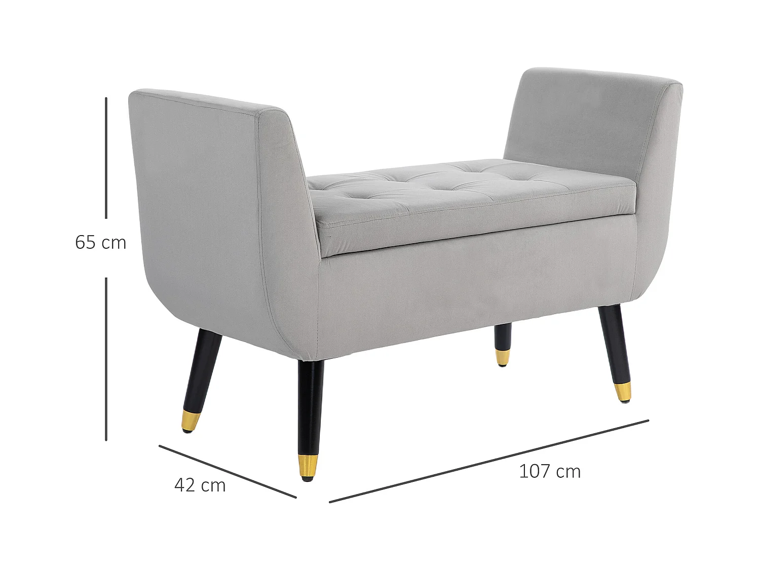 Banc de rangement avec accoudoirs, design luxueux, polyester velouté, gris clair (107x42x65 cm)