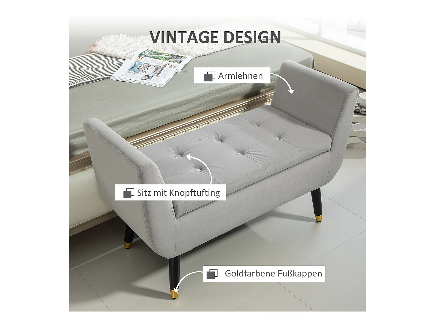 Banc de rangement avec accoudoirs, design luxueux, polyester velouté, gris clair (107x42x65 cm)