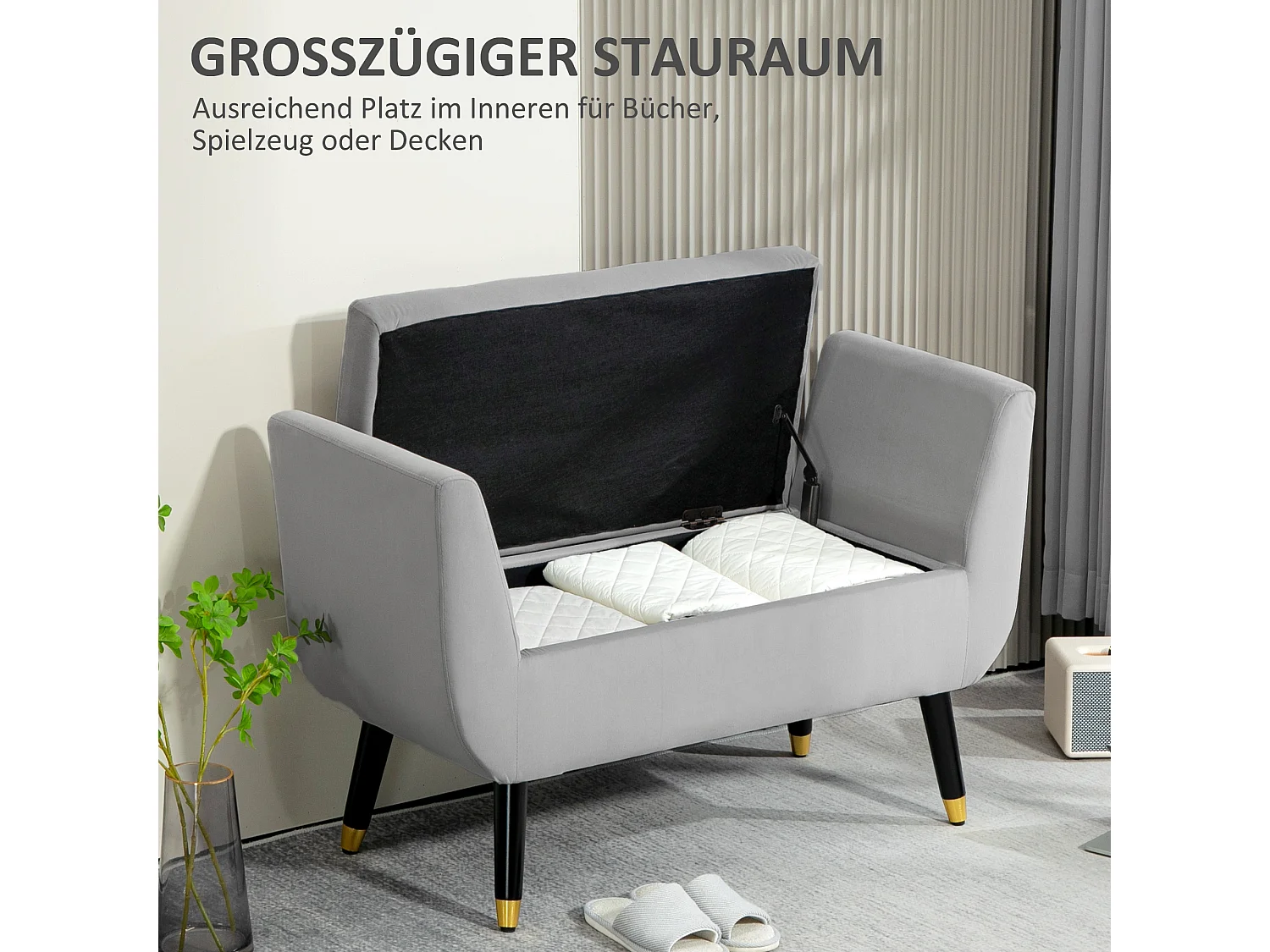 Banc de rangement avec accoudoirs, design luxueux, polyester velouté, gris clair (107x42x65 cm)