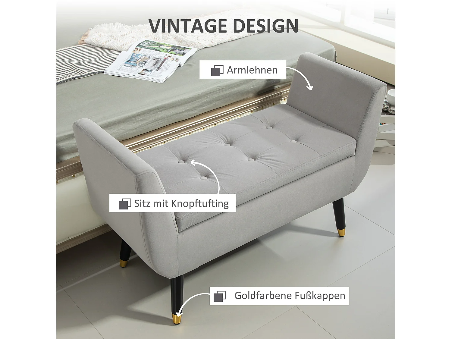 Banc de rangement avec accoudoirs, design luxueux, polyester velouté, gris clair (107x42x65 cm)