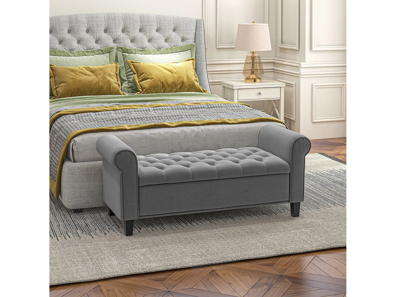 Panca imbottita in velluto con contenitore integrato per camera da letto, poliestere, grigio (126x48,5x57 cm)