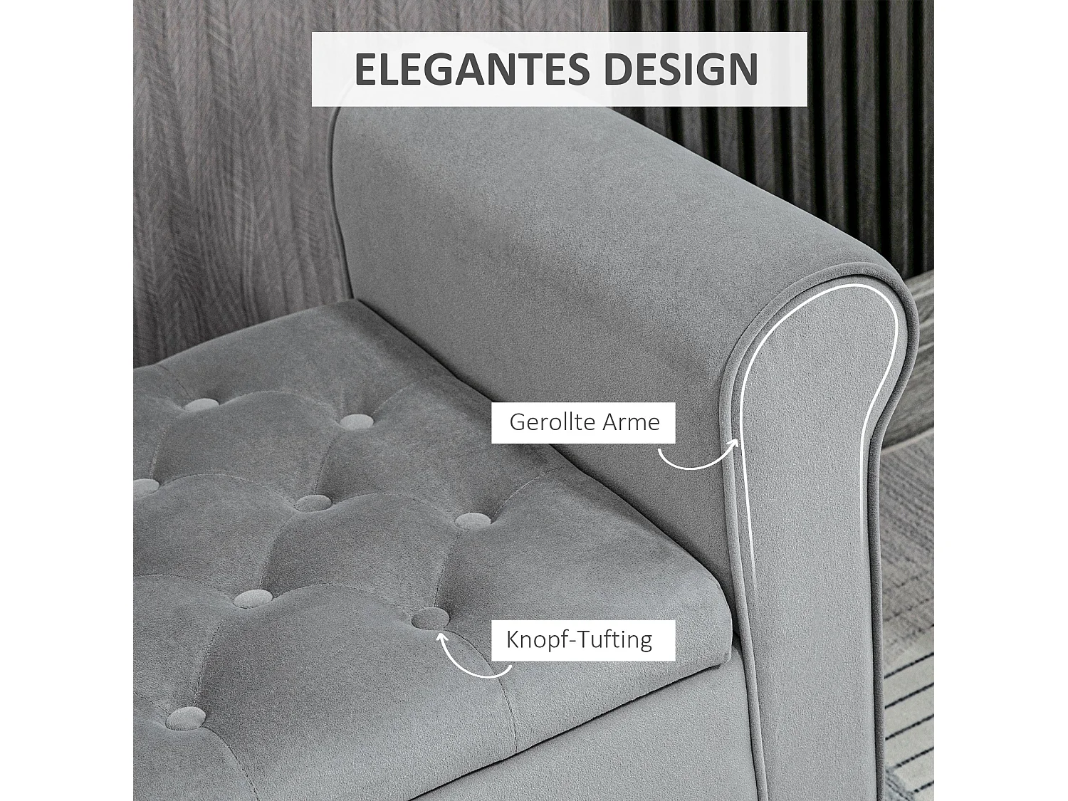 Banc rembourré en velours, avec rangement intégré pour chambre, polyester, gris (126x48.5x57cm)