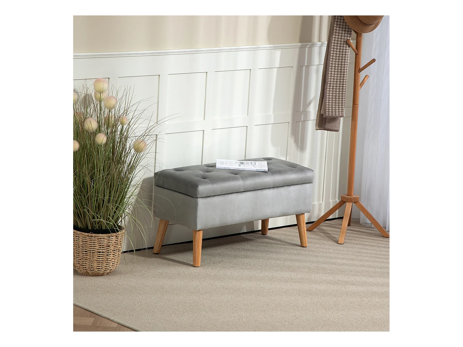 Banc de rangement avec assise rembourrée, design élégant, polyester et bois d'hévéa, gris (102x35x43cm)