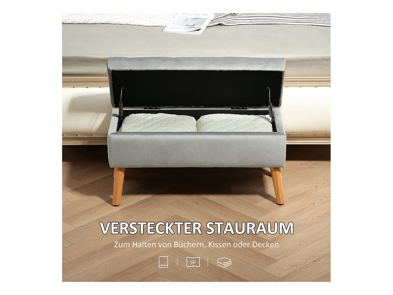 Banc de rangement avec assise rembourrée, design élégant, polyester et bois d'hévéa, gris (102x35x43cm)