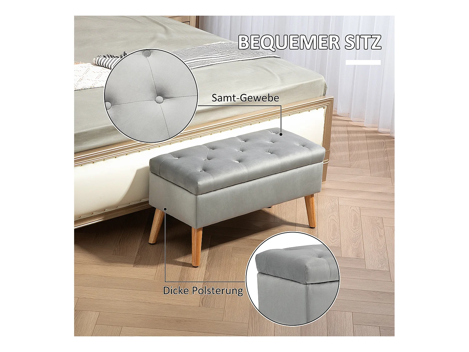 Banc de rangement avec assise rembourrée, design élégant, polyester et bois d'hévéa, gris (102x35x43cm)